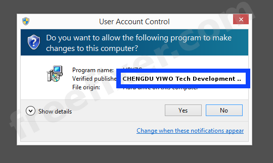Screenshot where CHENGDU YIWO Tech Development Co., Ltd. appears as the verified publisher in the UAC dialog